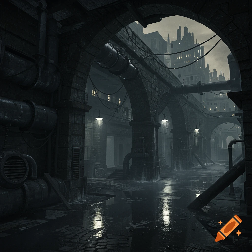 A dark, atmospheric underground city street with stone arches, pipes, and wet, reflective cobblestone ground, in a noir style.