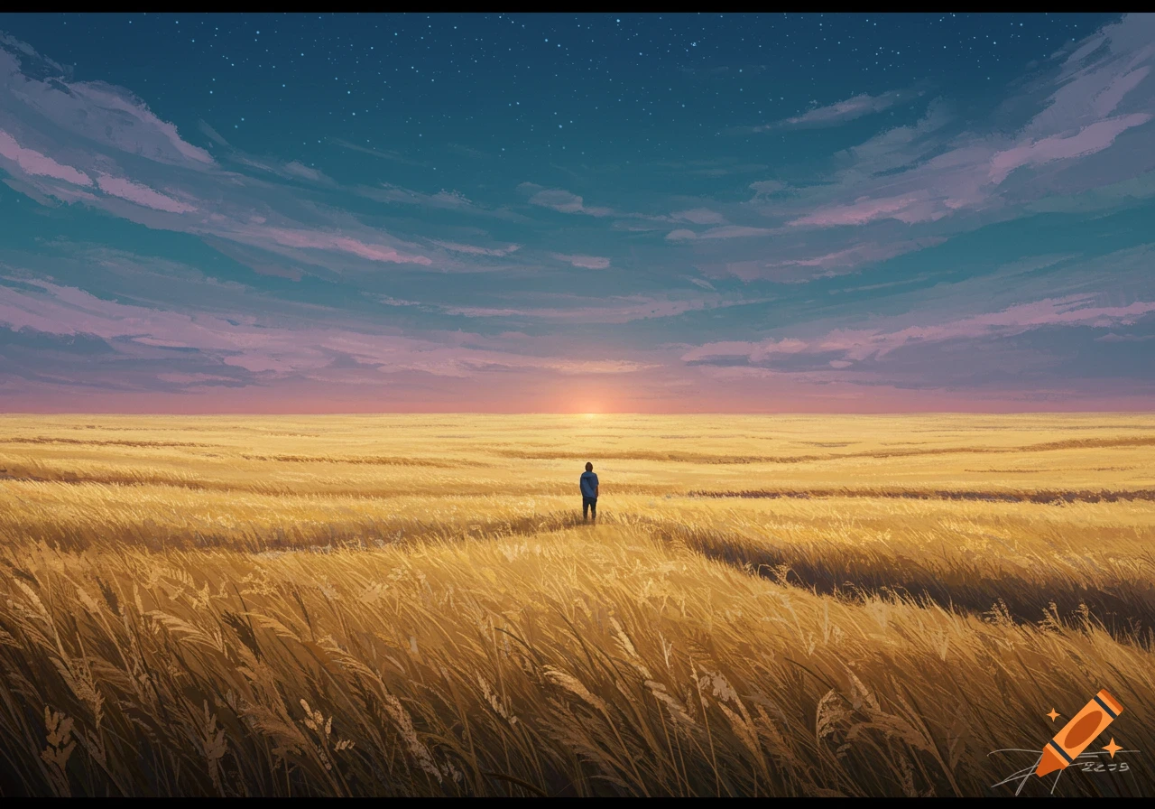 A person stands in a vast golden field under a twilight sky with stars and clouds, in an illustrative style.