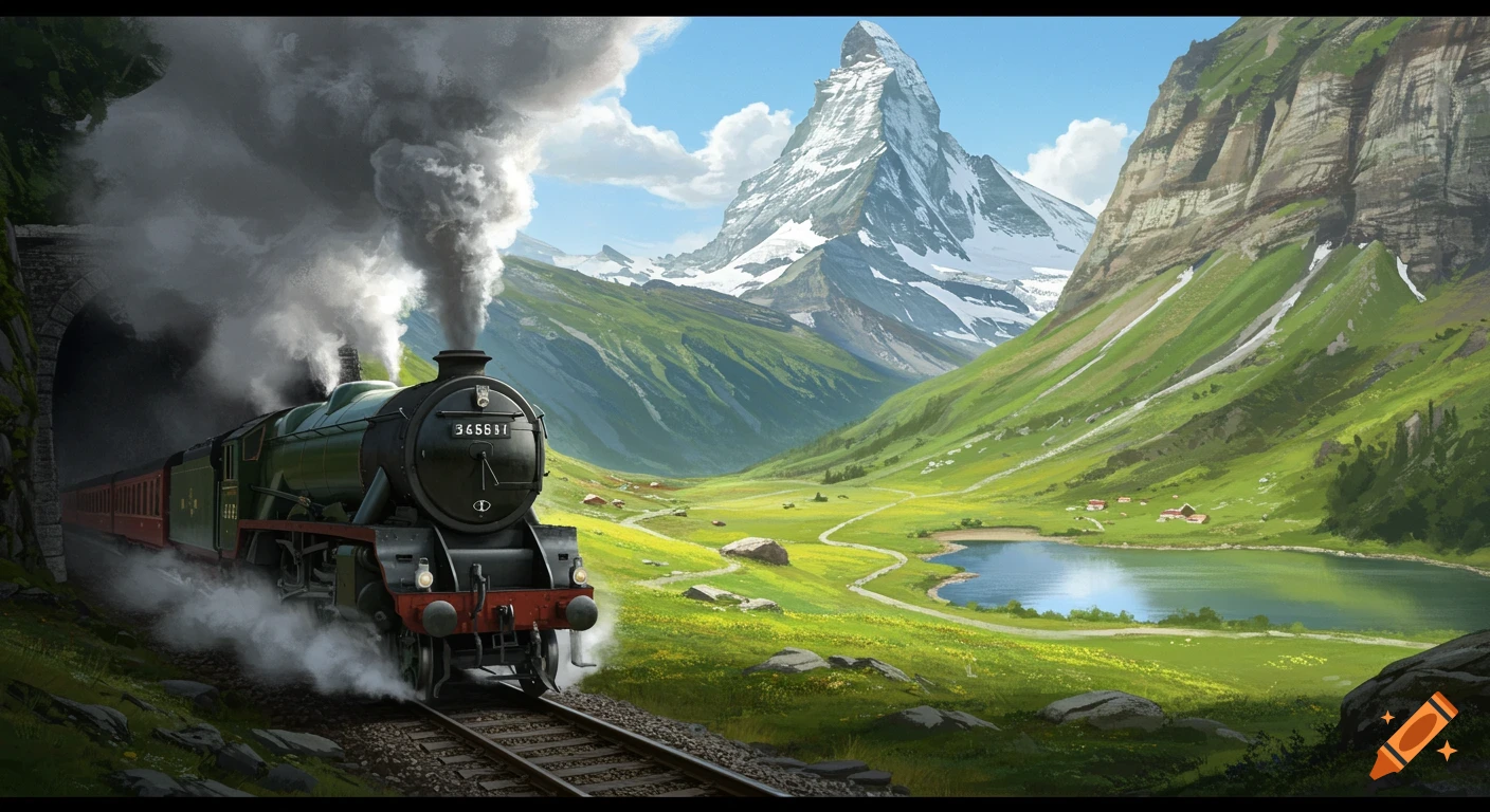 A majestic green steam train with red carriages emerges from a dark tunnel into a vibrant alpine valley with snow-capped mountains and a clear lake.
