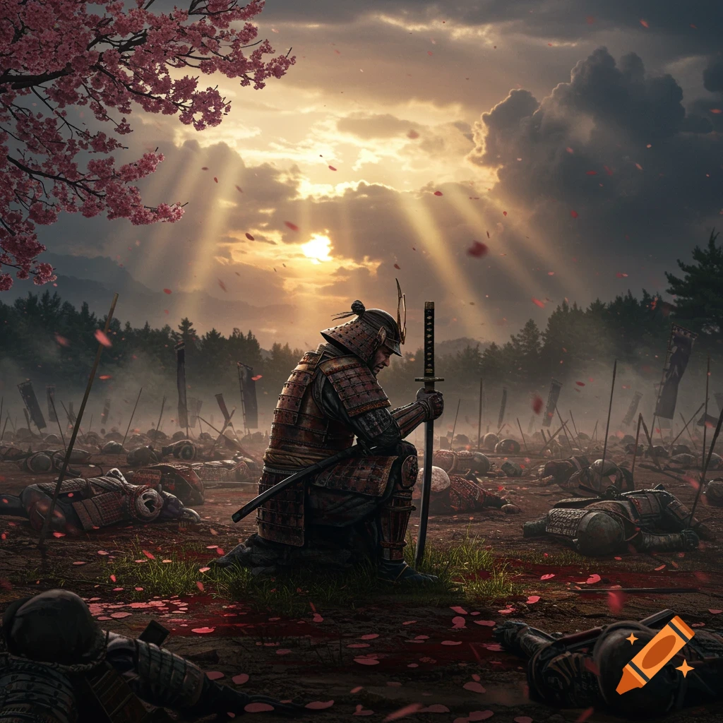 A solemn samurai kneels amidst a bloody battlefield with fallen warriors and cherry blossoms under a dramatic sunset.