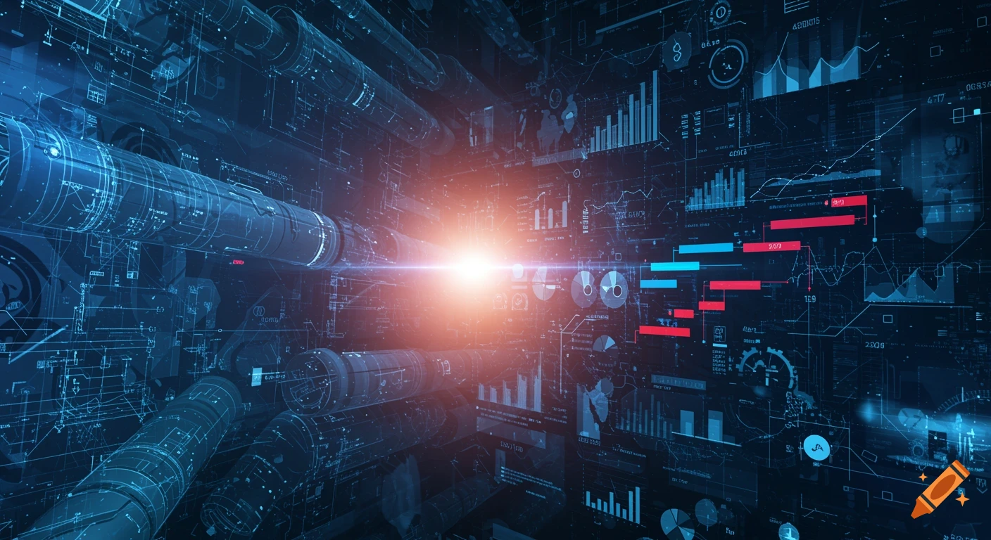 A futuristic digital interface displays blue engineering schematics and data graphs with a bright central light source.