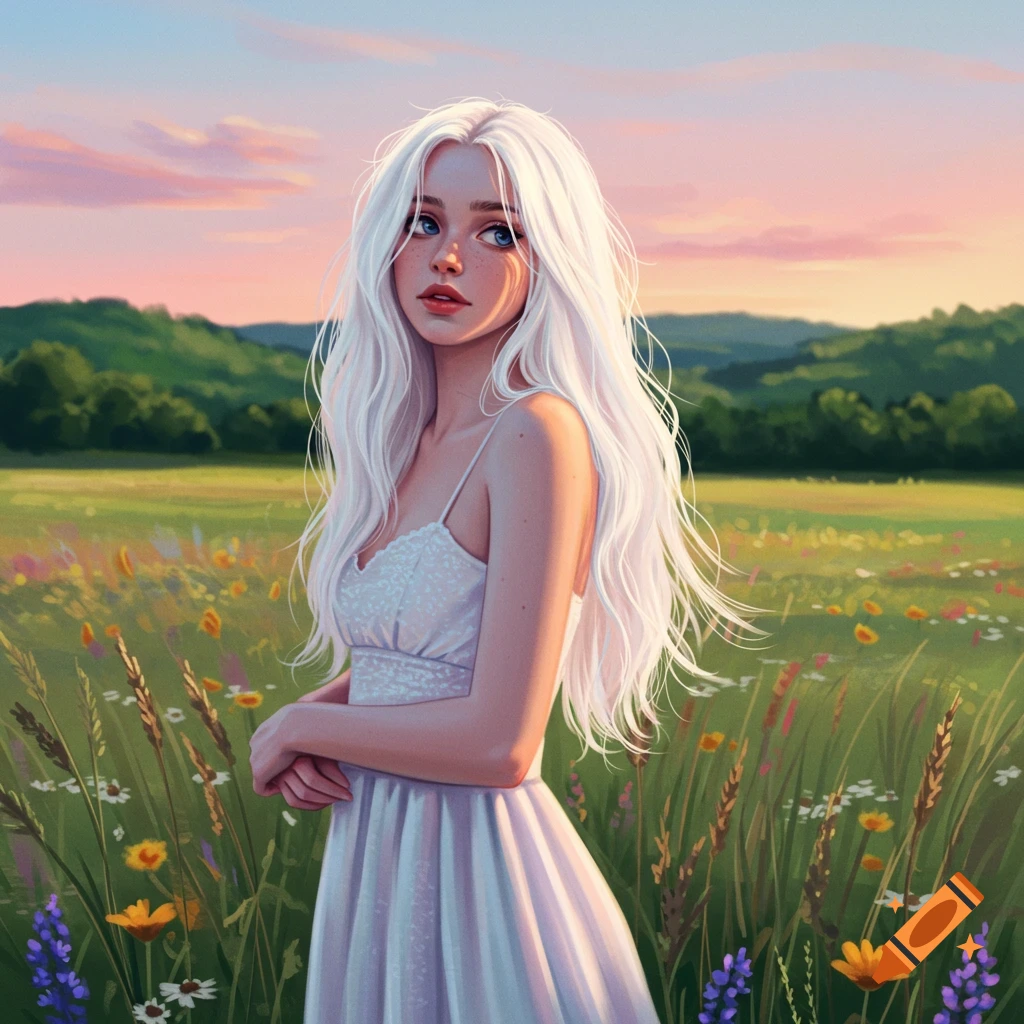 An illustration of a young woman with white hair and a white dress standing in a field of wildflowers at sunset.