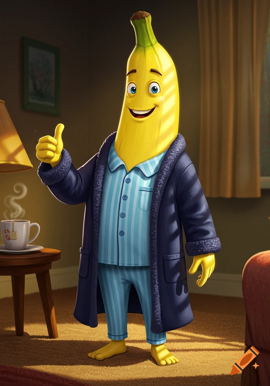 Cartoon banana character in blue striped pajamas and a robe giving a thumbs up, standing in a cozy room.