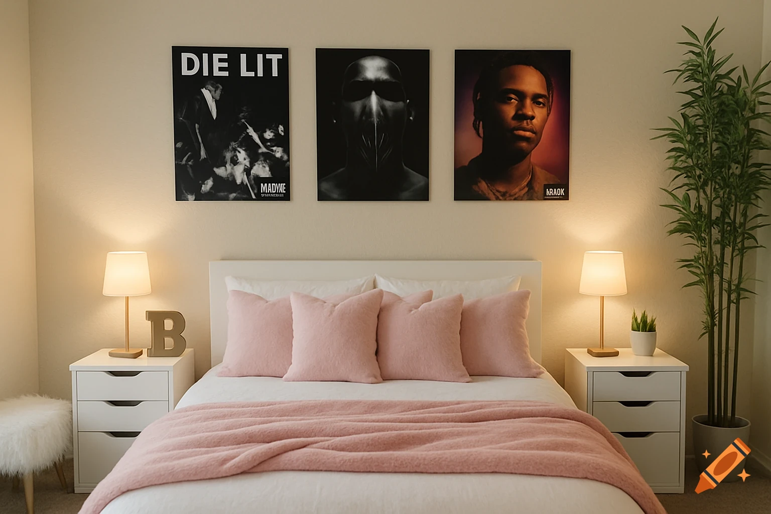 A modern bedroom with a white bed, pink bedding, white nightstands, and three album cover posters above the bed. Lamps are on the nightstands, with a decorative 'B' on the left and a small plant on the right. A tall plant stands to the right.
