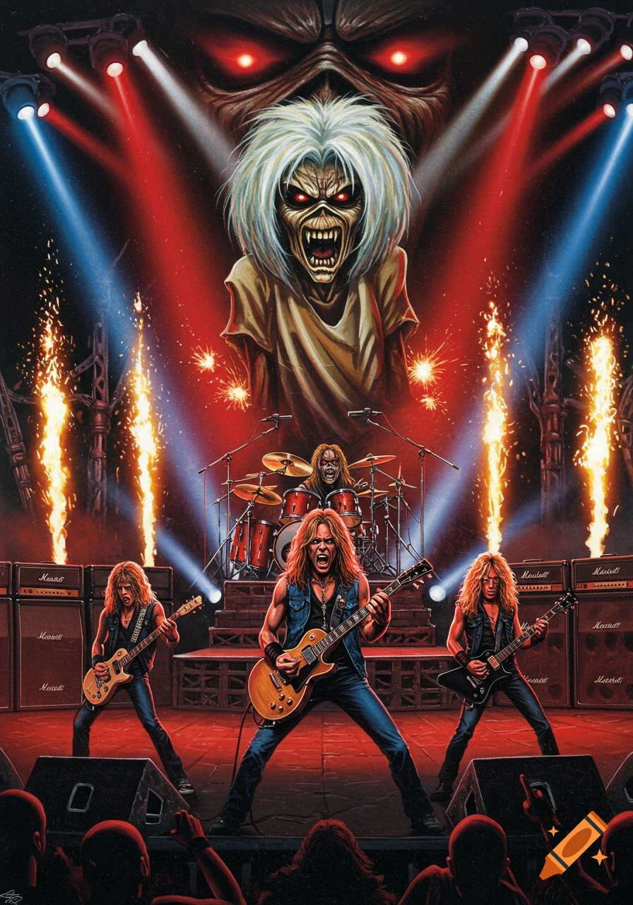 A heavy metal band plays on a stage under red and blue spotlights, with a monstrous mascot head looming in the background. Pyrotechnics ignite around the stage.