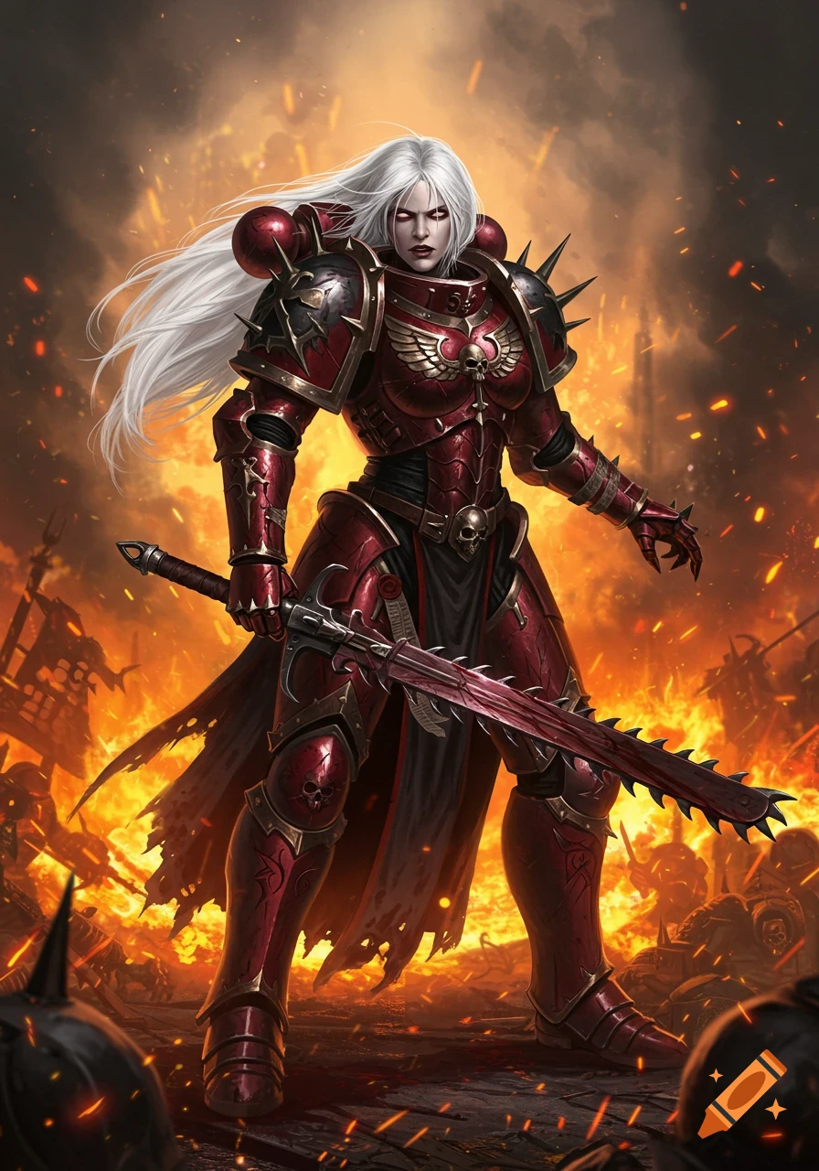 A female warrior in crimson and black power armor with long white hair and red eyes holds a chainsword in a fiery battleground.