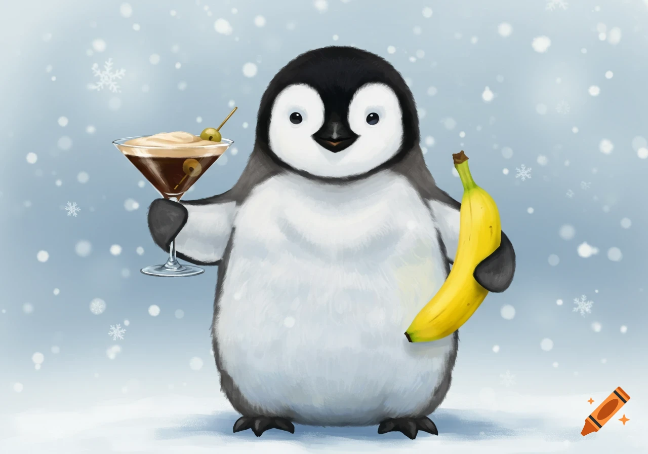 A cute illustrated baby penguin stands in the snow, holding an espresso martini and a banana.
