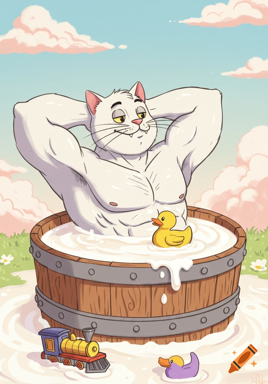 A muscular white cartoon cat sits in a wooden barrel of milk with a rubber duck and toy train nearby, cartoon style.