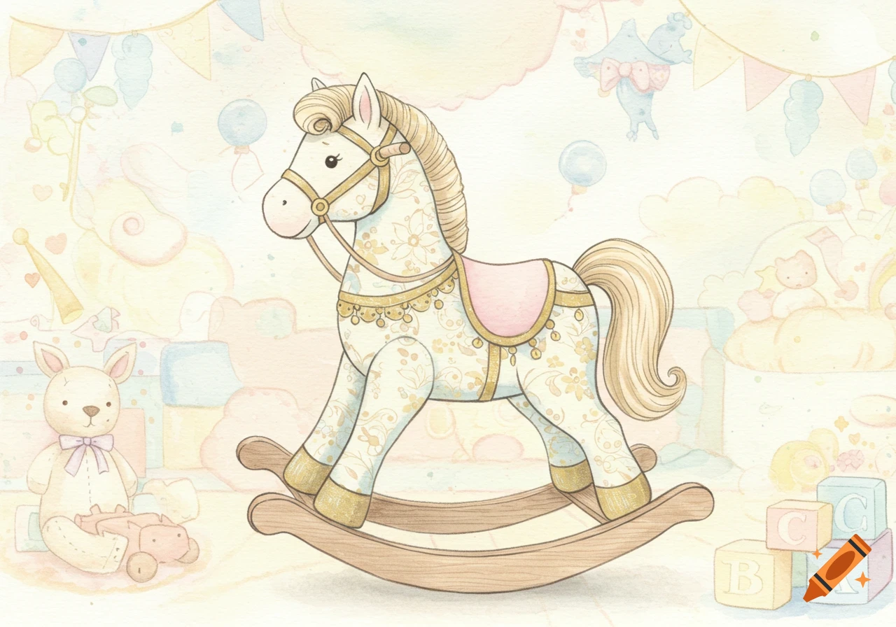 A pastel watercolor illustration of a white rocking horse with gold patterns and a pink saddle. Baby blocks and a stuffed bunny are in the background.