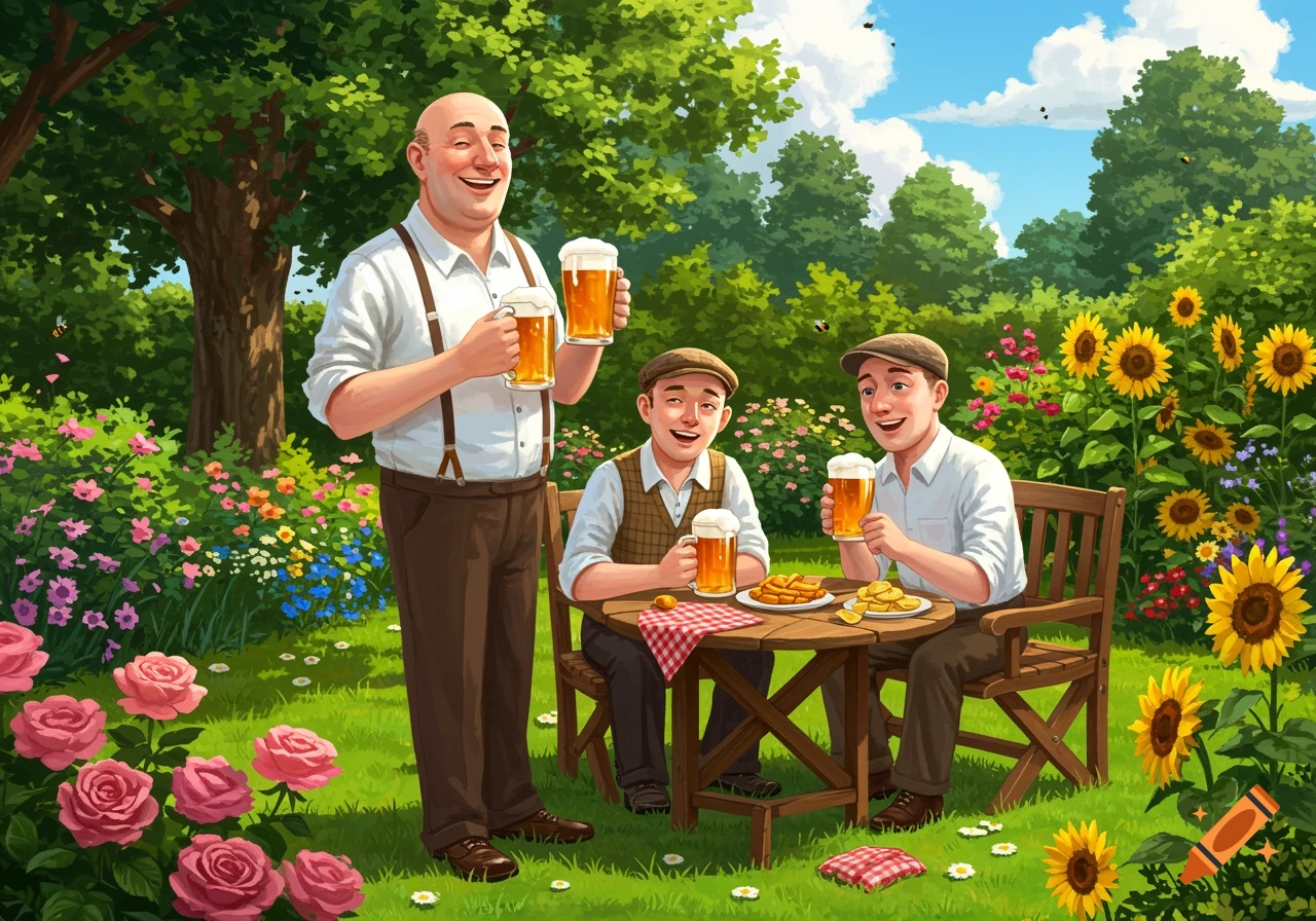An illustrated scene of three smiling men, one bald and two younger, enjoying beer together in a vibrant, sunlit garden filled with colorful flowers.