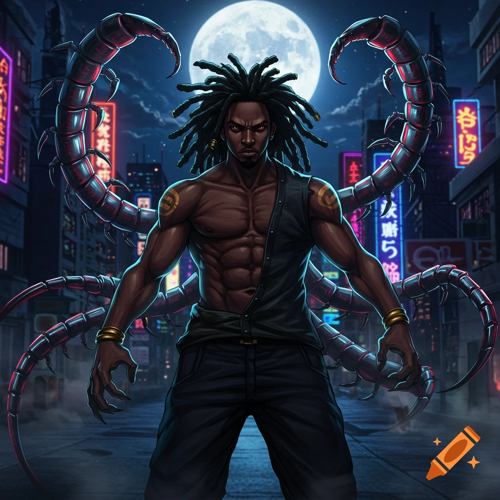 Anime-style character with dreadlocks, glowing red eyes, and armored centipede limbs, standing in a neon-lit city street under a full moon.