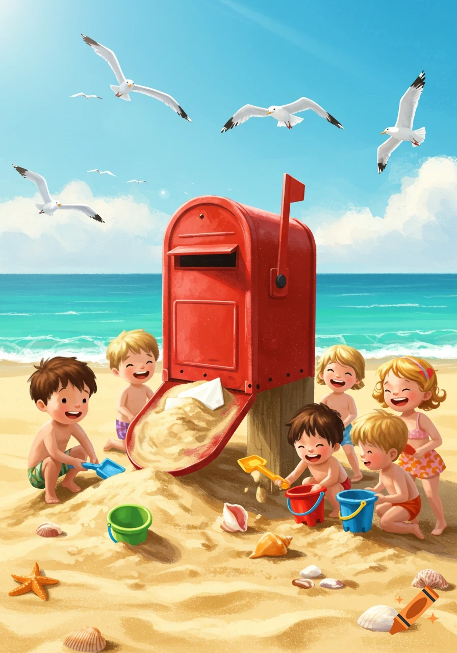 Happy children play on a sunny beach, digging sand around a red mailbox, with seagulls flying overhead in an illustration.
