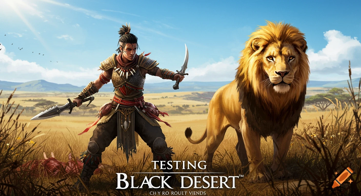 A warrior with daggers stands next to a large lion in a savanna landscape, with text overlays "TESTING BLACK DESERT" for a video thumbnail.
