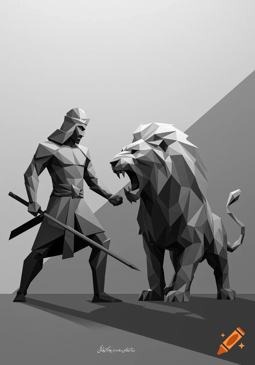 A grayscale, low-poly depiction of a warrior with two swords facing a roaring lion in an abstract setting.