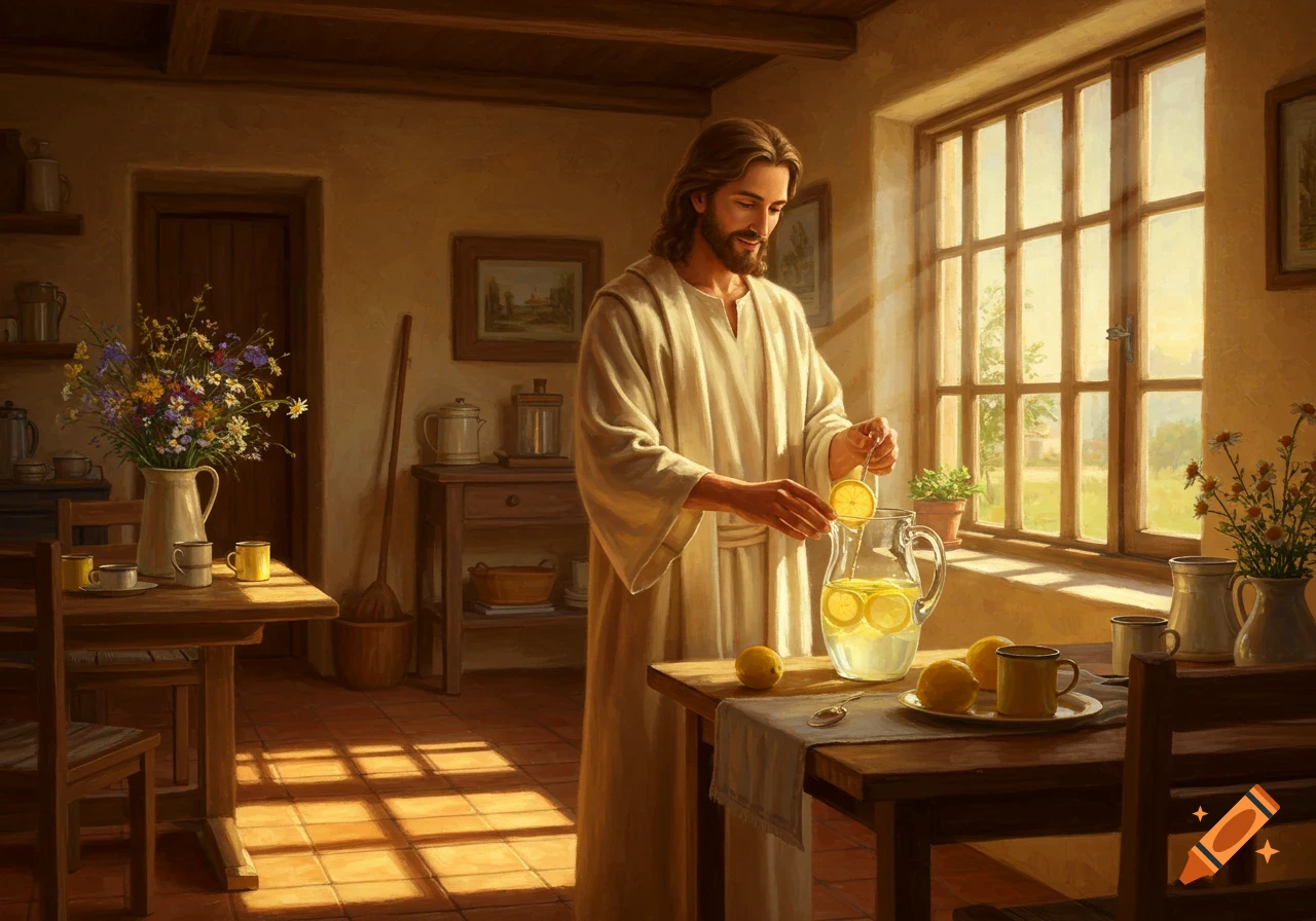Jesus, depicted with long hair and a beard, stands in a rustic kitchen bathed in sunlight, adding lemon slices to a pitcher of lemonade.