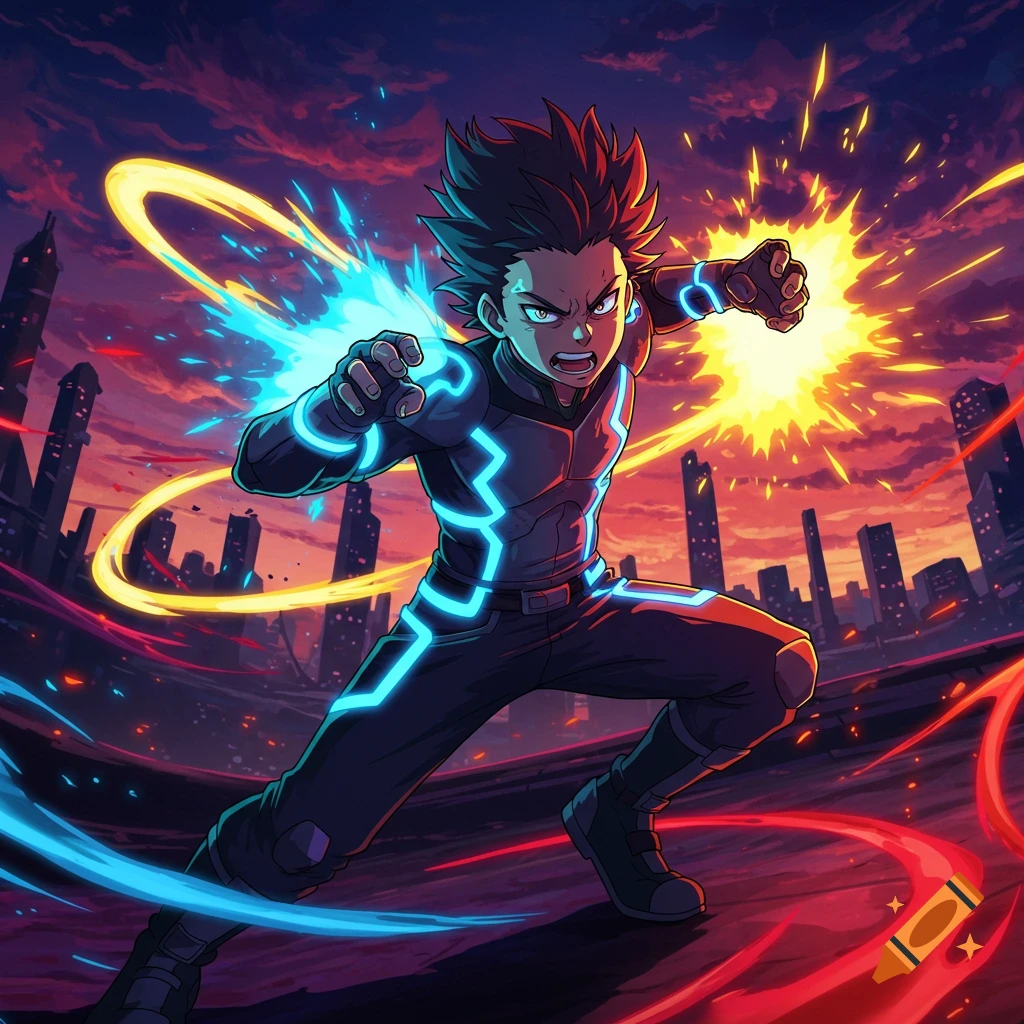 Dynamic anime character in glowing suit generates energy in a cityscape at dusk.