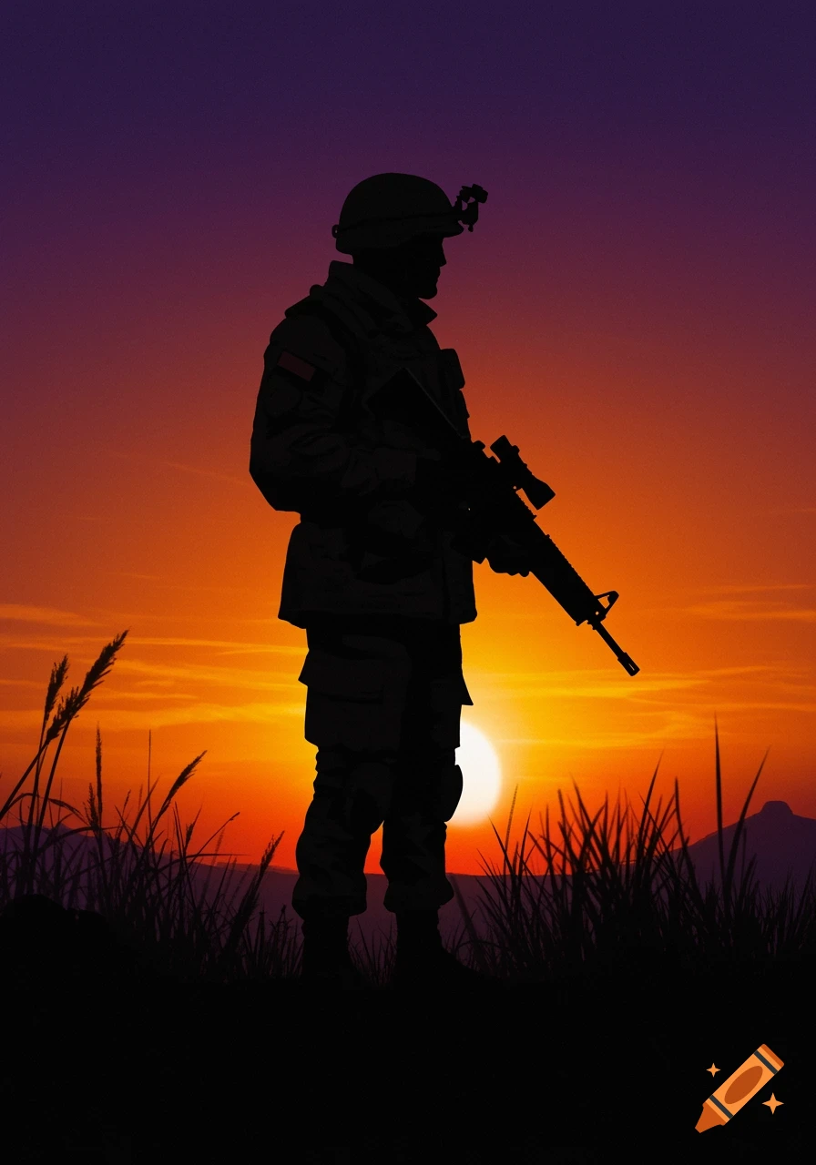 Silhouette of a soldier holding a rifle at sunset in a field of tall grass.