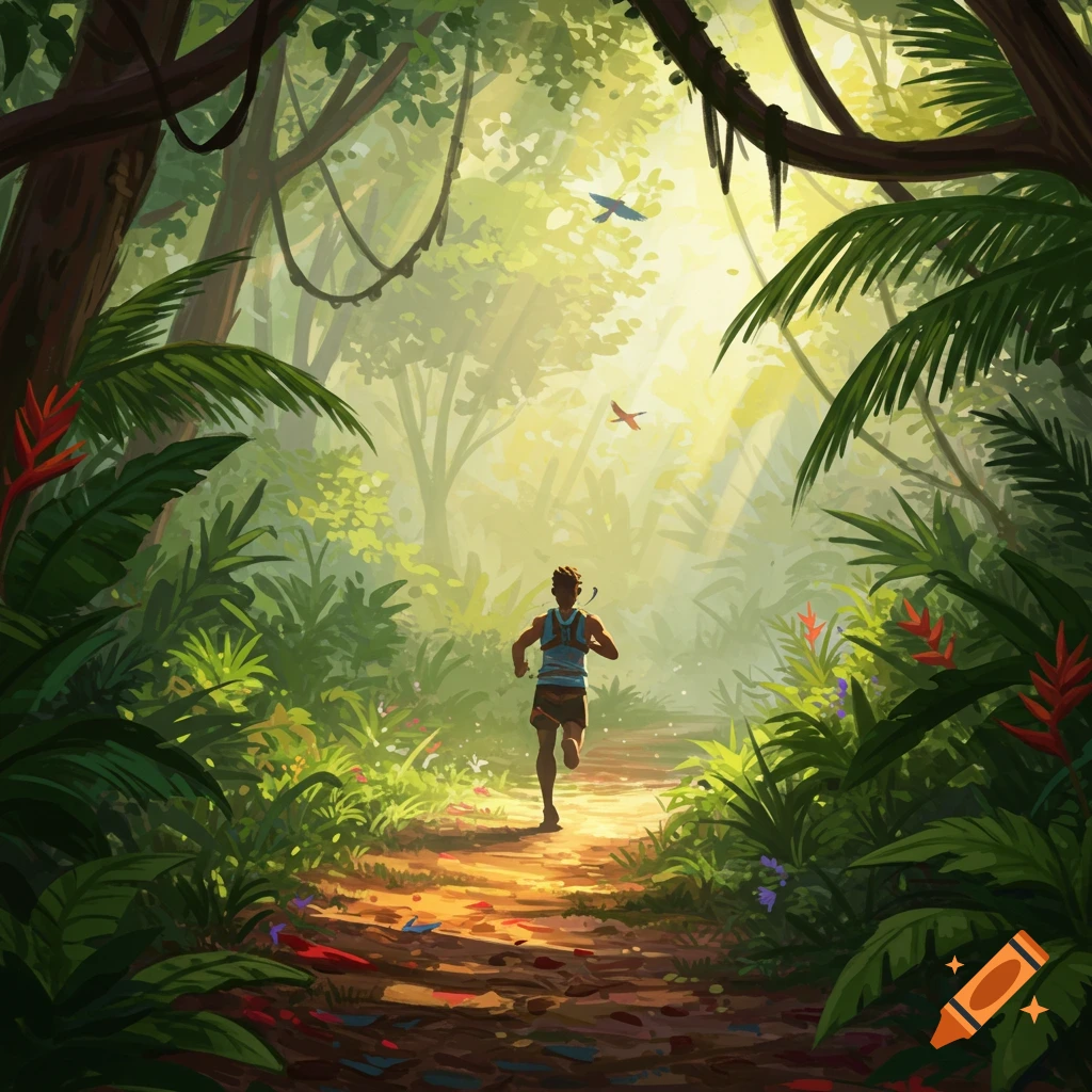 An illustrative image of a person running down a sunlit path through a lush jungle, surrounded by dense foliage and trees.