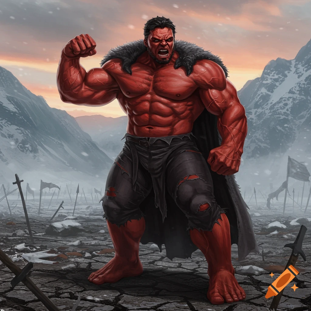 A muscular, red-skinned man flexing his bicep and yelling in a snowy mountain battlefield.