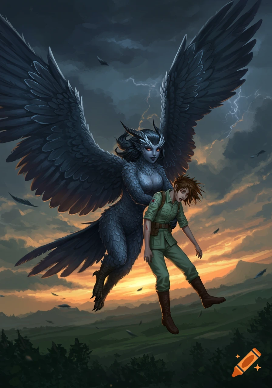 A large, dark harpy with huge wings flies through a storm-ridden sky at sunset, carrying an unconscious human in a medic uniform.