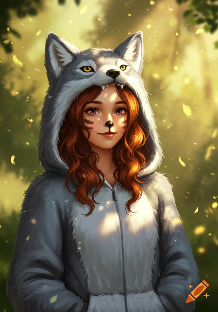A portrait of a girl with red hair wearing a grey wolf hoodie and wolf-like face paint, standing in a sunlit forest.