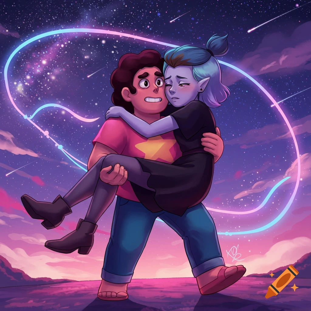 Steven Universe carries Amity Blight through a cosmic landscape with a starry sky and glowing heart-shaped trails. Cartoon style.