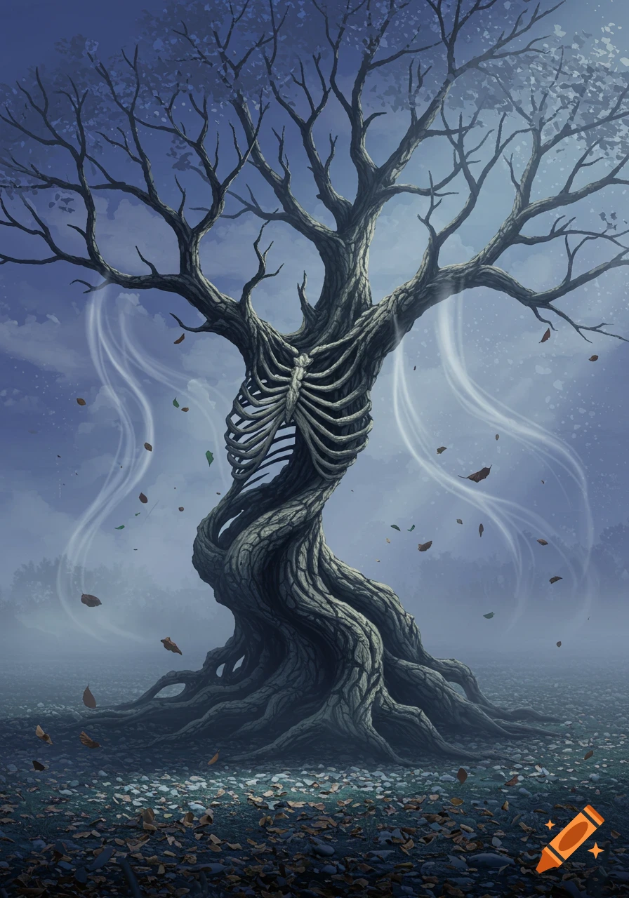 A dark fantasy illustration of a gnarled tree with a human ribcage in its trunk, on a misty forest floor with falling leaves.