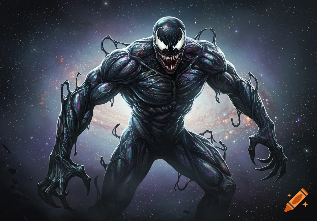 A menacing, muscular Venom symbiote with sharp teeth and white eyes stands against a vibrant galaxy background in a detailed comic art style.