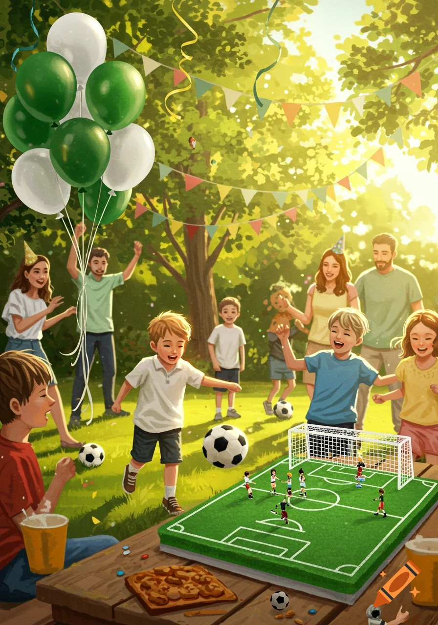 An illustration of a lively outdoor birthday party with children playing soccer, a soccer field cake, and adults celebrating.