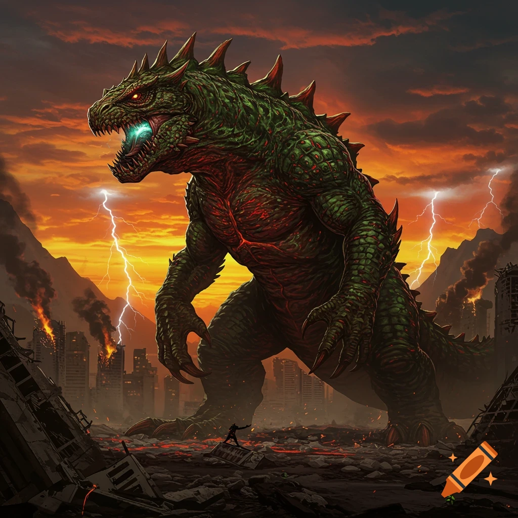 A giant green Kaiju with glowing eyes stands amidst a burning, ruined city under a stormy, orange sky with lightning.