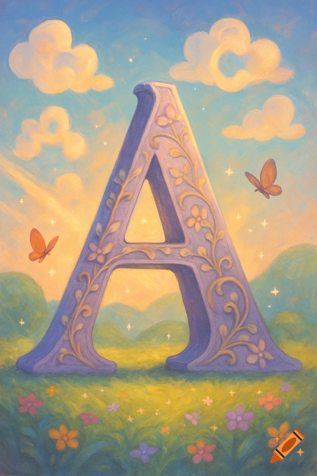 A purple decorative letter A in a field of flowers under a cloudy sky with butterflies, in a painterly style.