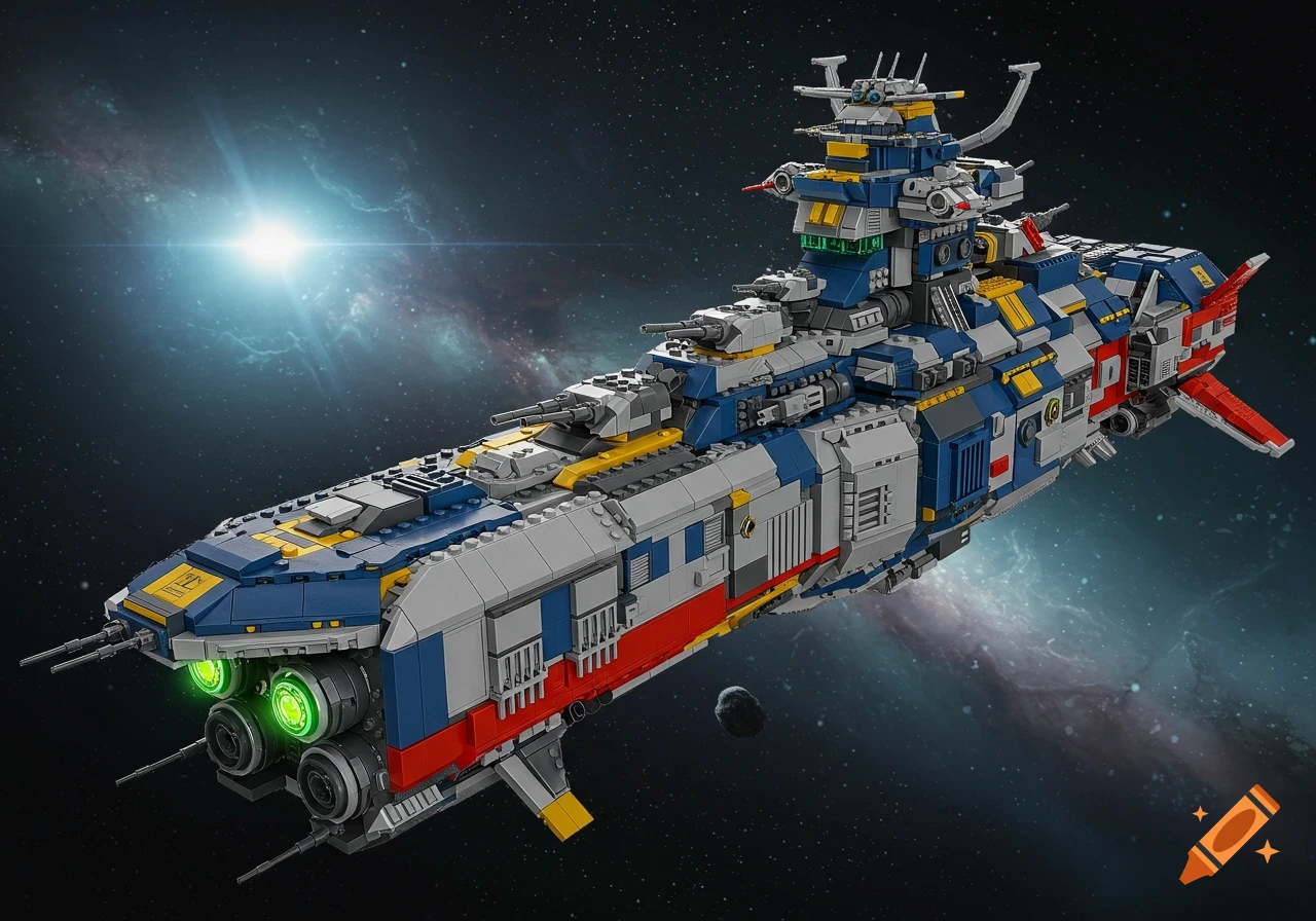 A detailed LEGO model of a blue, gray, and red battleship-like spaceship with green glowing engines, floating in outer space with a bright star and nebula.