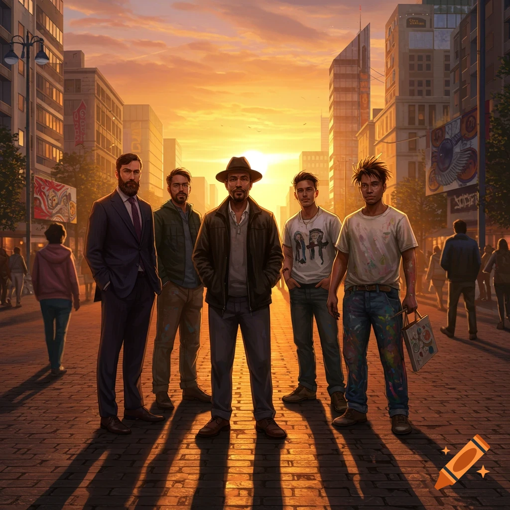 A group of five men stand on a cobblestone street in a city at sunset, casting long shadows. Photorealistic digital art style.