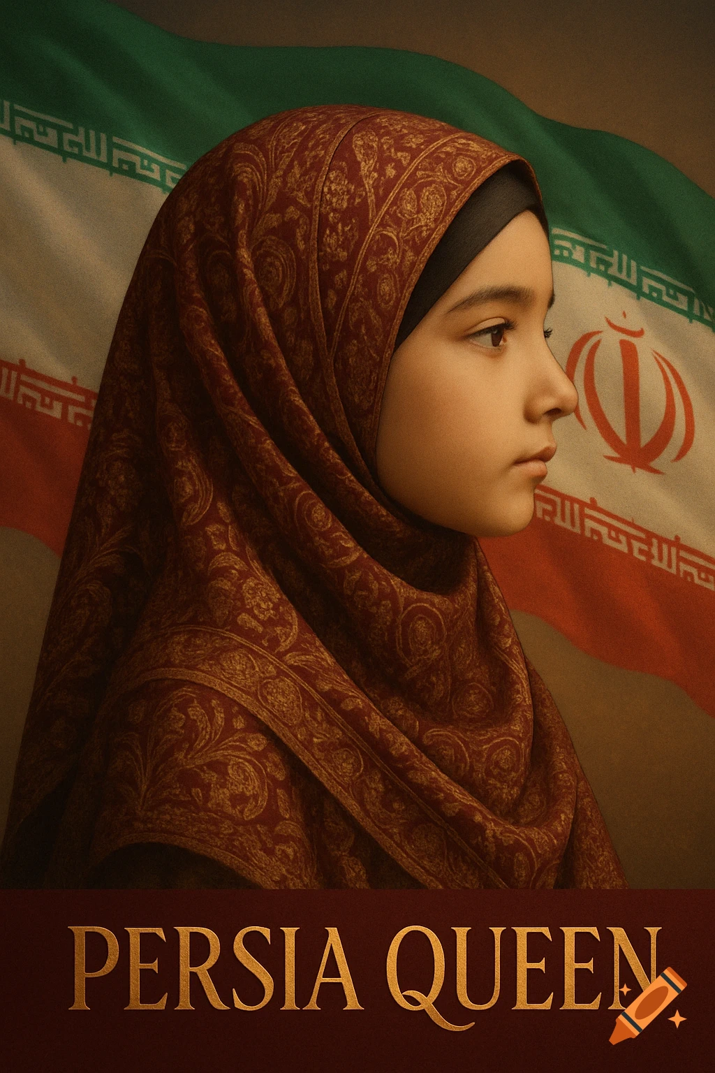 A profile view of a young girl in a red and gold patterned hijab against an Iranian flag background with 'PERSIA QUEEN' text.