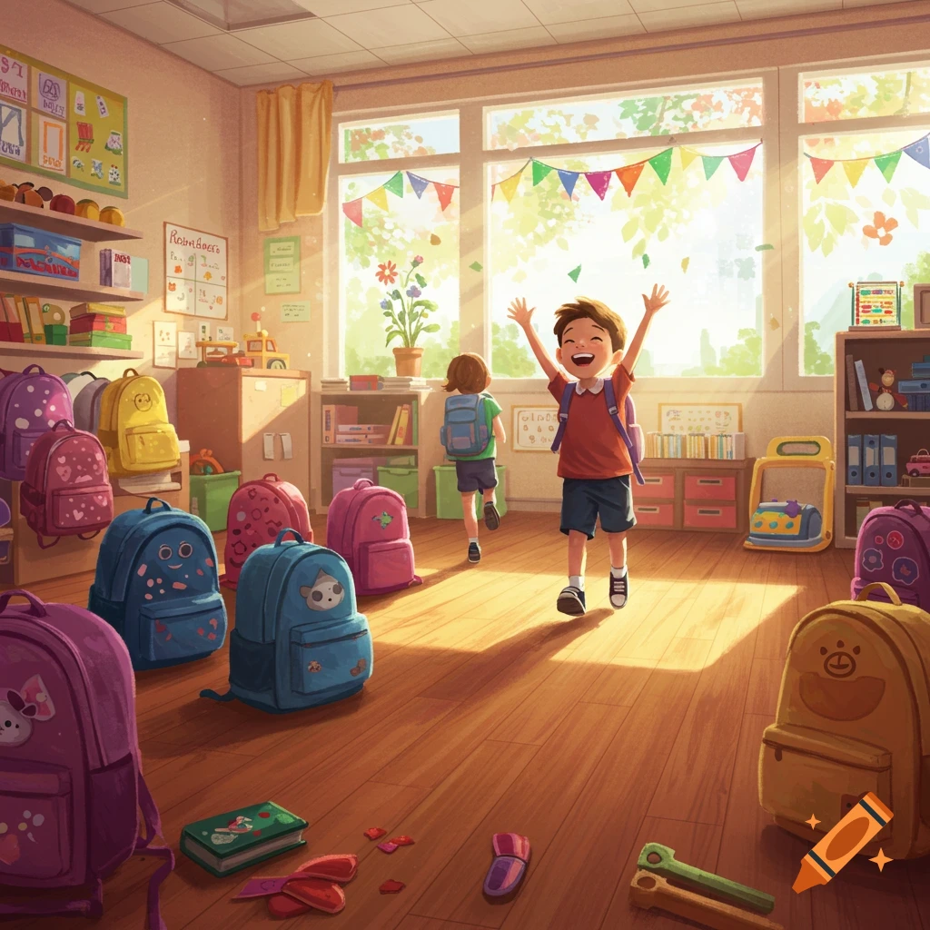 A bright illustration of two excited children with backpacks in a sunny classroom filled with colorful backpacks.