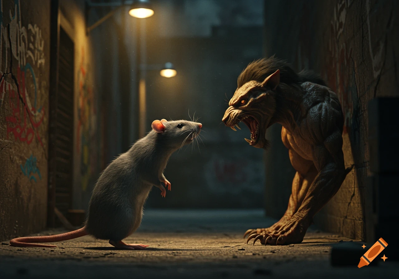 A photorealistic image of a large rat facing off against a snarling, monstrous bipedal creature in a dark, graffiti-covered alley.