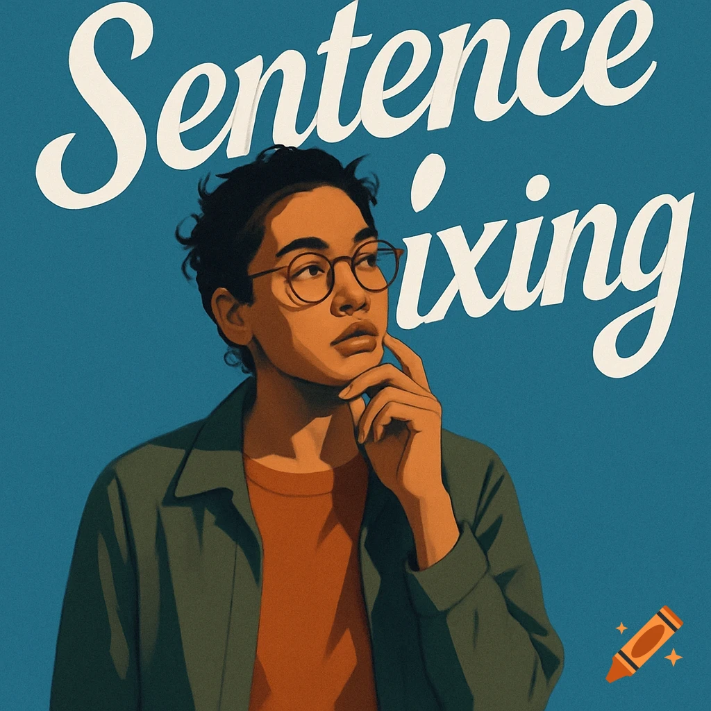 An illustration of a thoughtful person with glasses on a blue background, with white text 'Sentence mixing'.