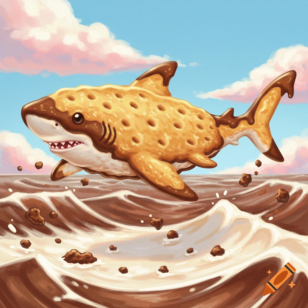 A cookie-shaped shark with chocolate markings leaps out of waves of chocolate milk, with cookie crumbs splashing around it, under a blue sky with pink clouds.