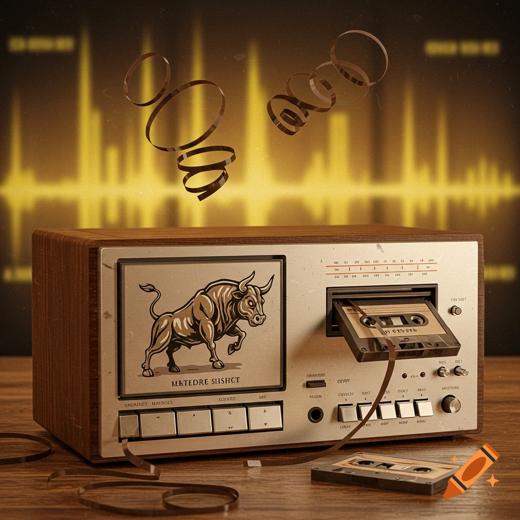A vintage wood and metal cassette player with a bull illustration on its screen, ejecting a tape. Loose tape reels float above, with a sound wave background.