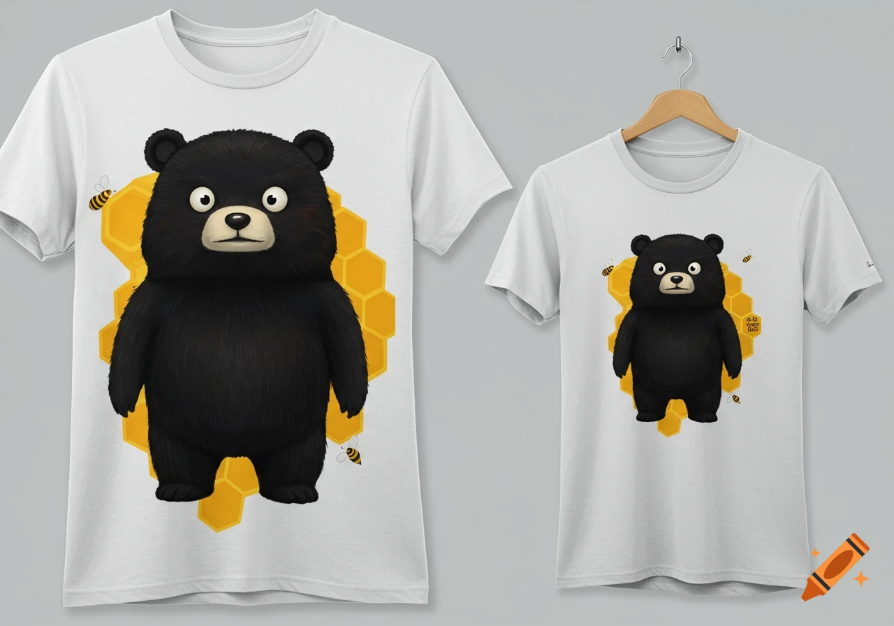 Two white t-shirts featuring a cartoon black bear with wide eyes, surrounded by yellow honeycomb shapes and small bees.
