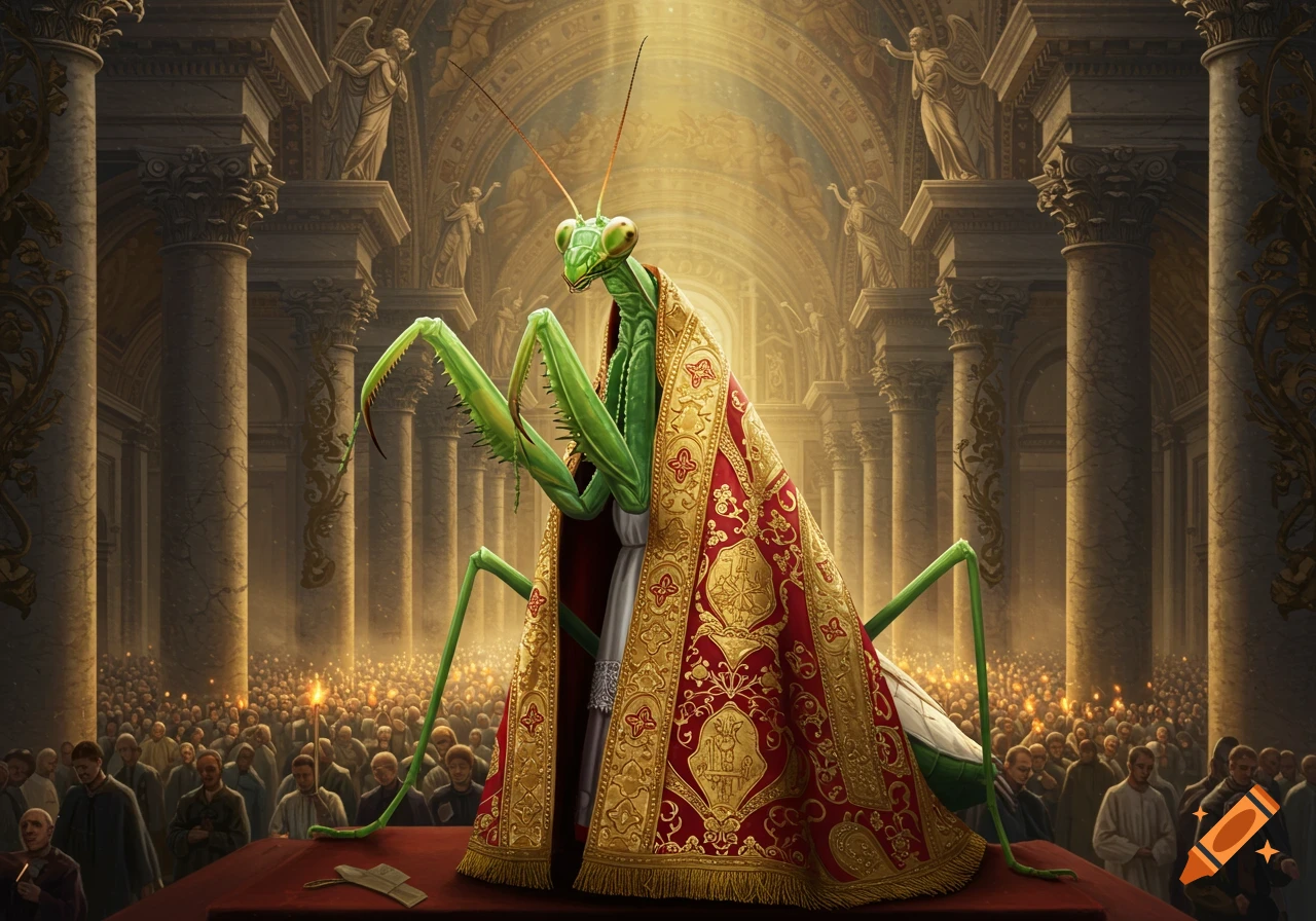 A giant praying mantis, dressed in elaborate red and gold papal robes, stands at an altar in a grand, dimly lit cathedral before a large congregation.