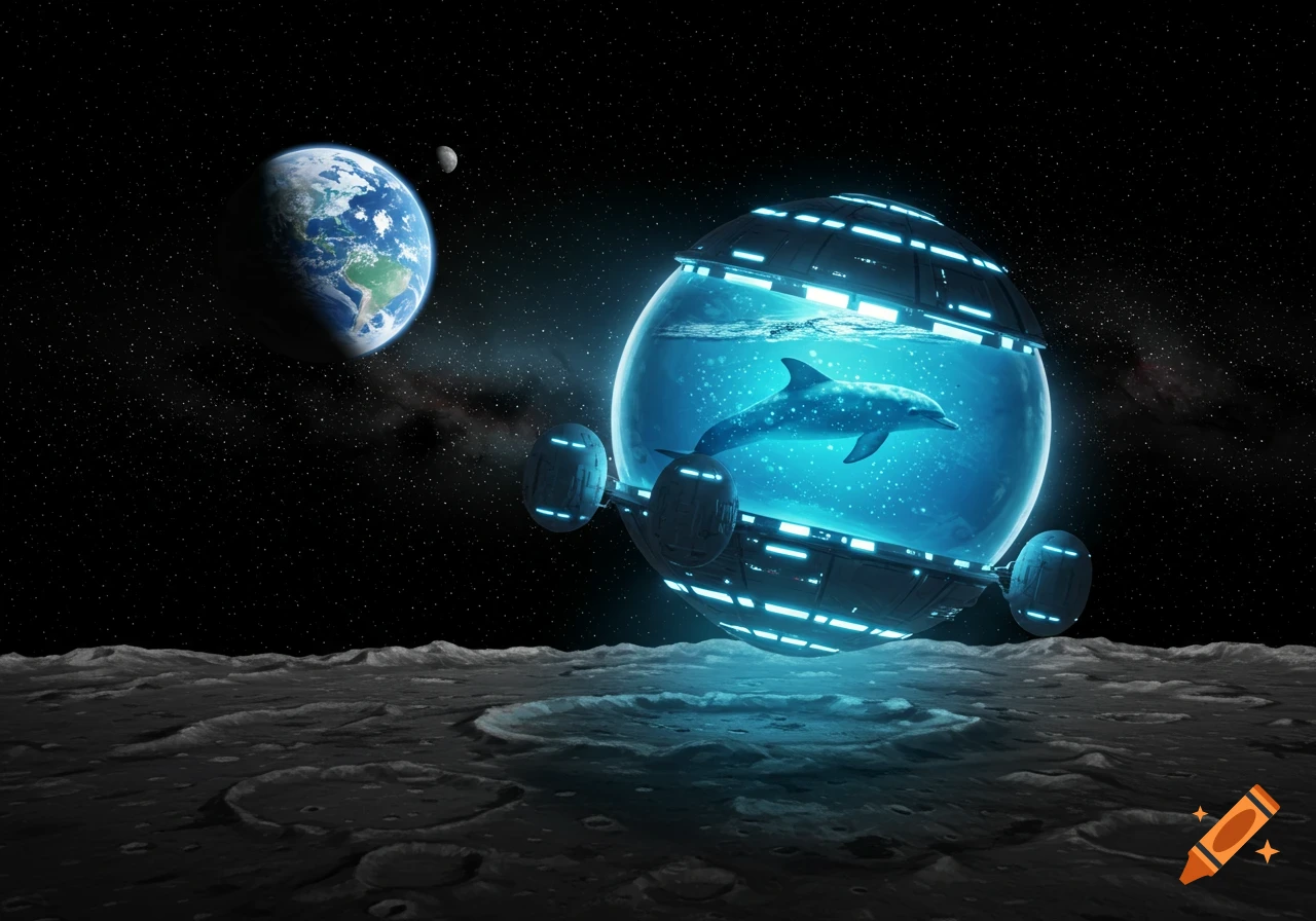 A spherical spacecraft with a dolphin inside, glowing blue and landing on the moon's surface, with Earth and its moon visible in the background.