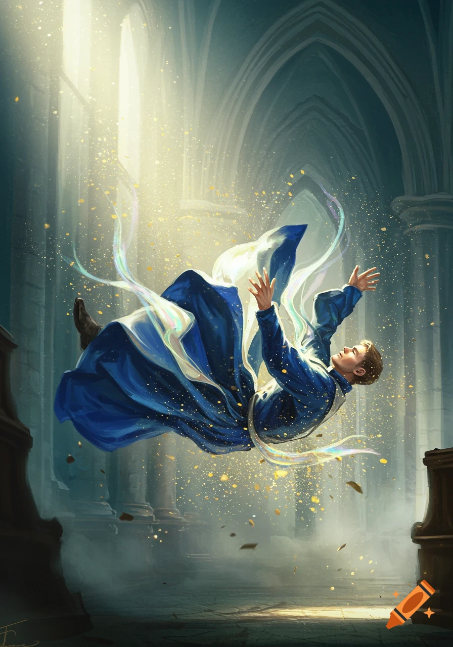 A man in blue robes falls through a golden particle-filled cathedral with glowing light, in an illustration style.