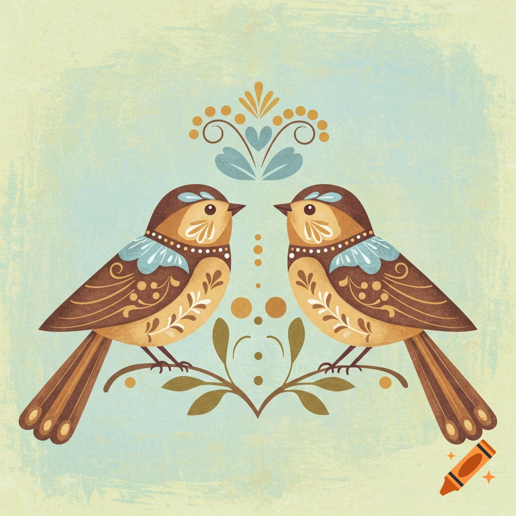 A Scandinavian folk art illustration featuring two stylized brown and beige birds facing each other on a branch, against a light blue background with decorative patterns.