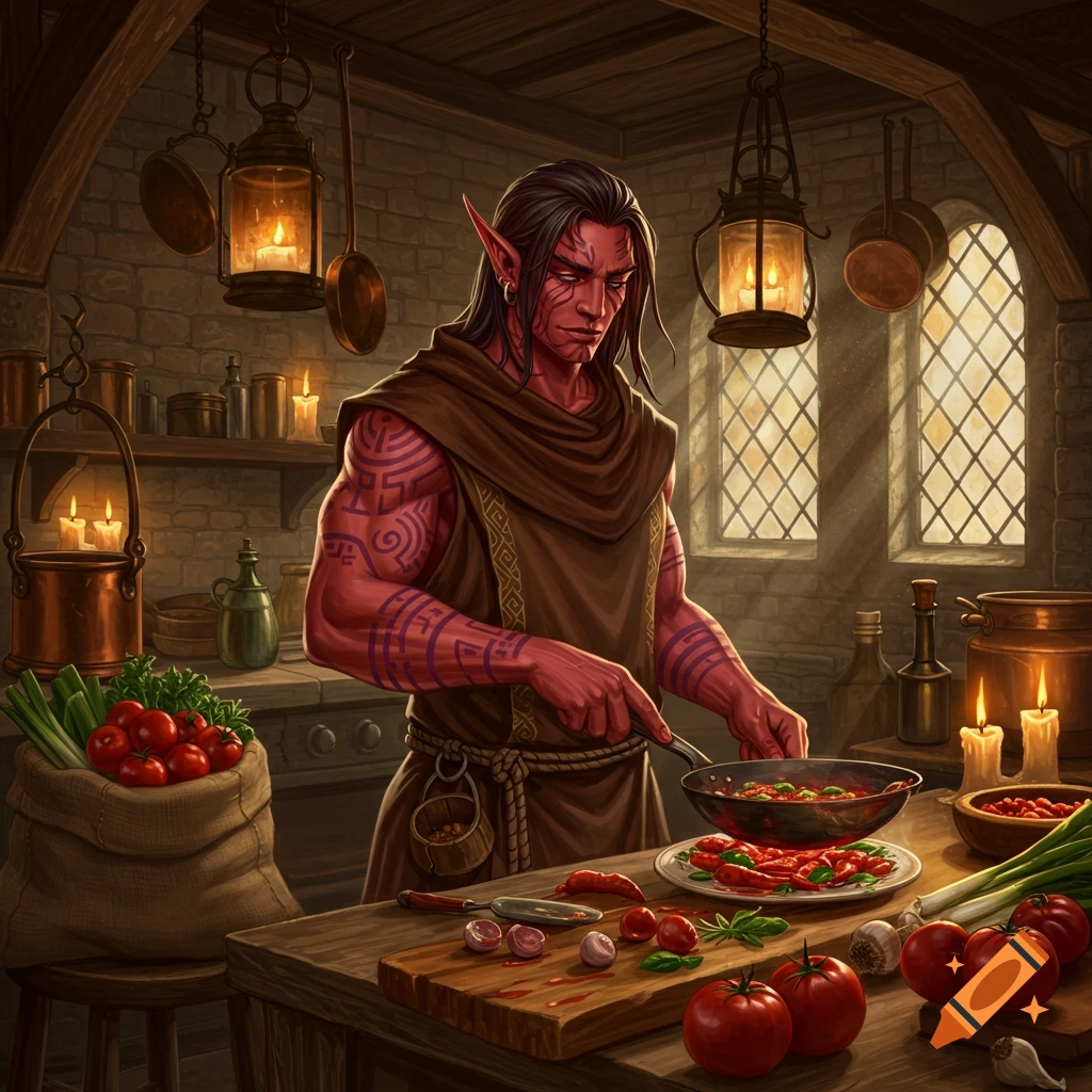 A red-skinned elf man with tattoos in a monk outfit cooks a meal in a detailed medieval kitchen, surrounded by fresh vegetables.