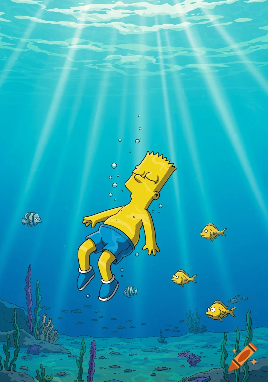 Bart Simpson floats serenely underwater with eyes closed, wearing blue trunks, surrounded by light rays and small fish in a cartoon style.