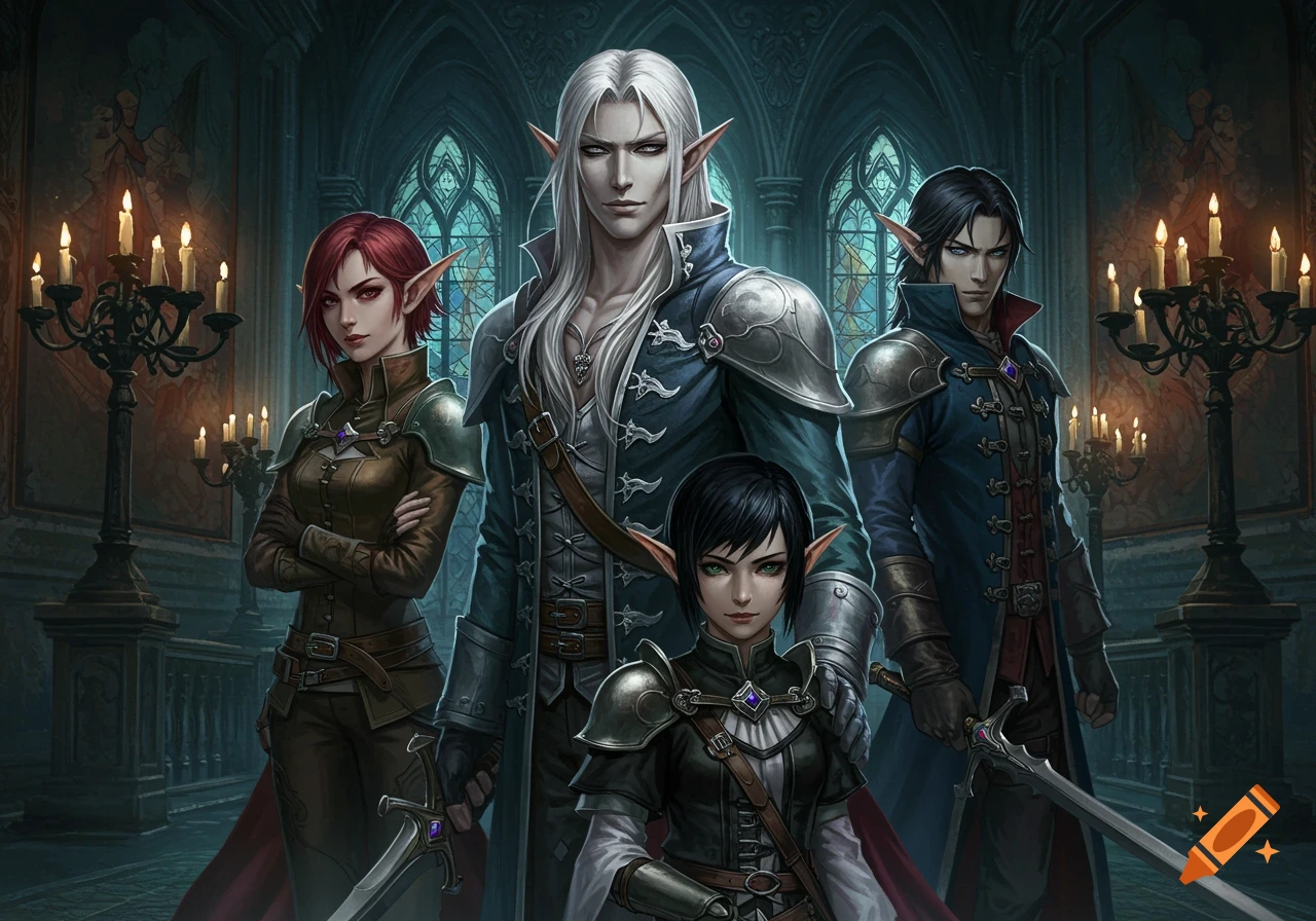 Four elven characters including a white-haired man, a red-haired woman, a dark-haired man, and a short black-haired woman, posed in a dark gothic hall.