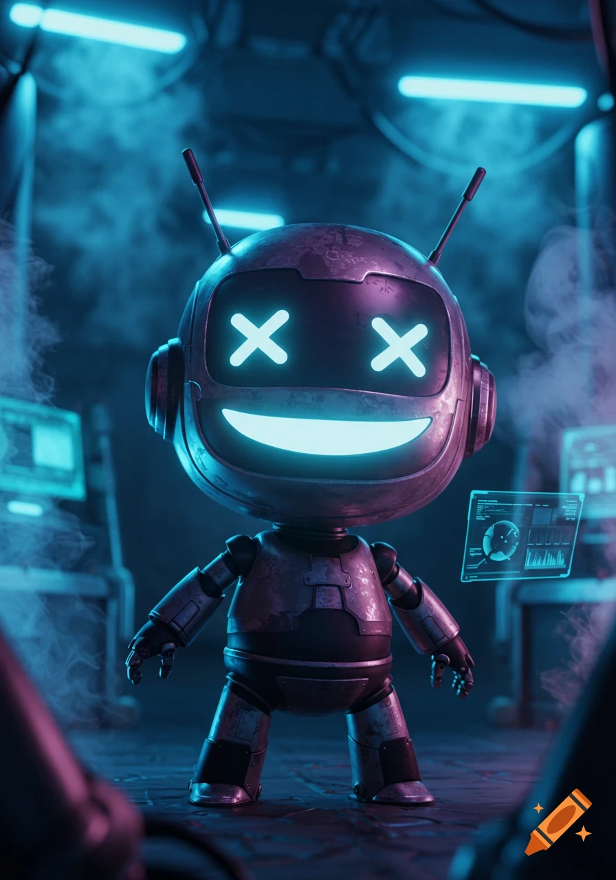 A cute, metallic robot with glowing X-eyes and a smile stands in a dark, smoky, neon-lit futuristic room.