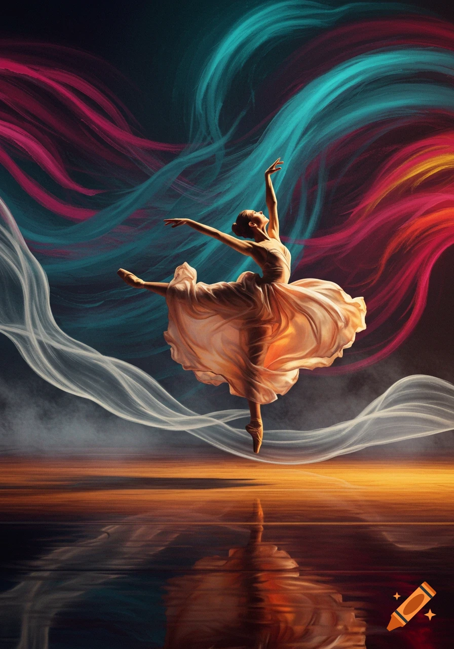 Ballerina dances en pointe in a flowing dress against vibrant swirling colors and a reflective floor.