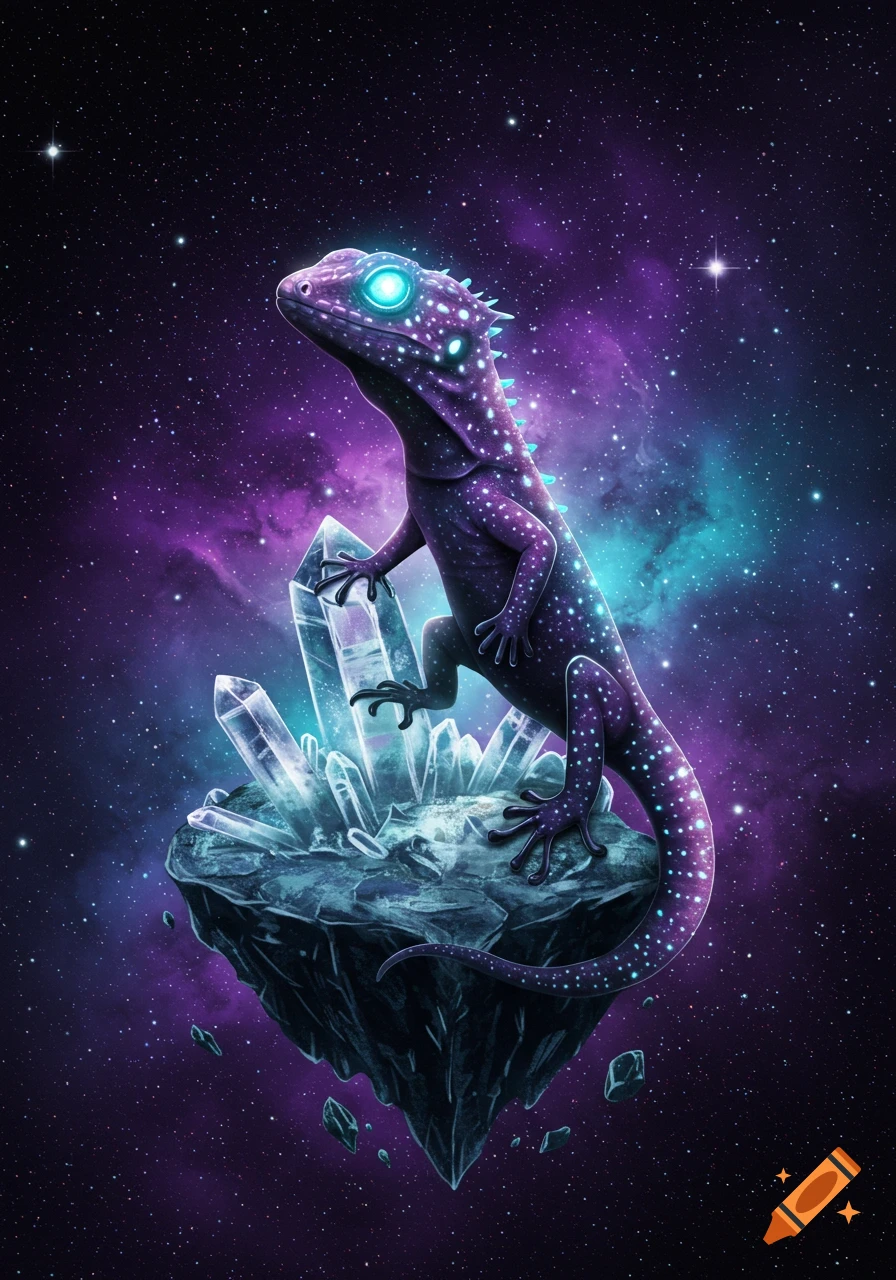 A vibrant purple lizard with glowing eyes and spots stands on a crystal-covered floating asteroid in a cosmic nebula.